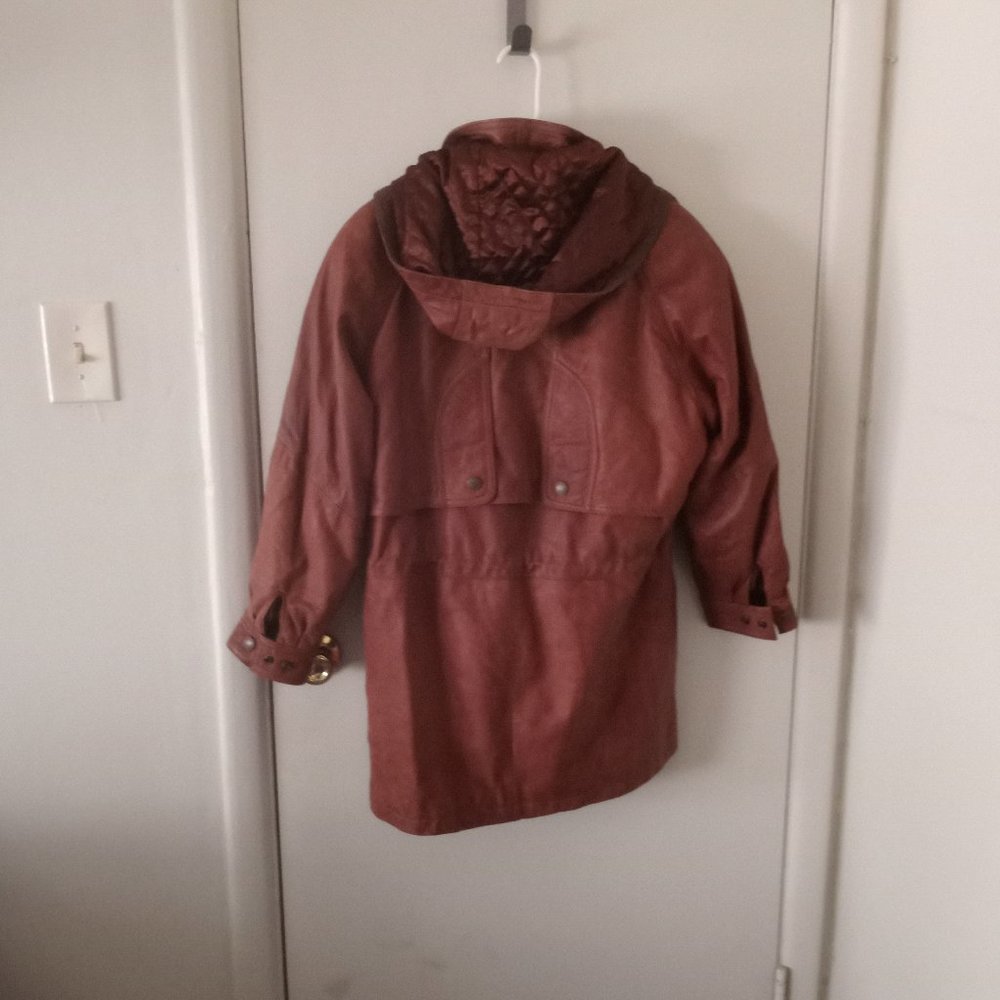VTG Heavy Long Hooded Brown Leather Jacket - Picture 4 of 16